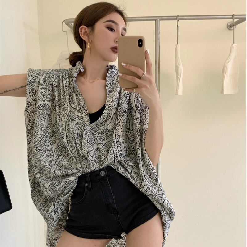 スタイルスタンダードノースリーブプリントルーズシャツ トップス レディース レトロ ハンチェンe4096459382