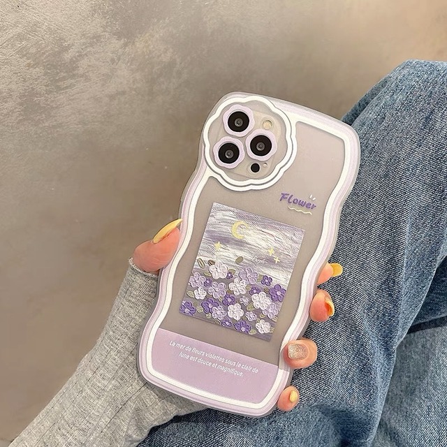 iPhoneケース iPhone14 iPhone13 ウェーブ 紫 油絵風 花柄 月 スマホケース おしゃれ 韓国 2289