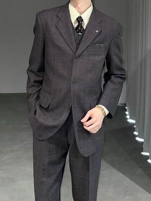 [3PIECE] vintage check suit - 3button single jacket × lapeled vest × wide tuck trousers / charcoal gray × beige