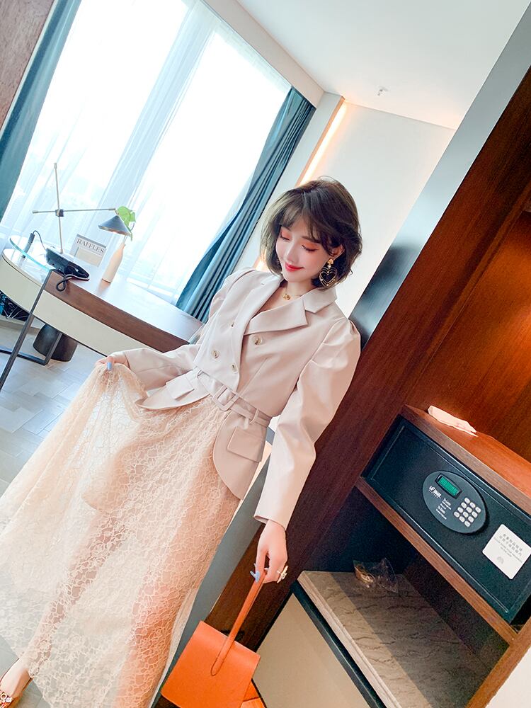 ダブルブレストショートジャケット ハイウェストレーススカート オータム 秋物 ステッチ MIUCO5908253089