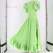 フラメンコ 衣装 ワンピース ドレス 水玉 ドット 黄緑 白 ボランテ フリル ポップ かわいい 発表会 パーティ グリーン系 ホワイト系 フラメンコドレス おしゃれ 大人用 女性用 イベント用 ステージ衣装 ドット柄
