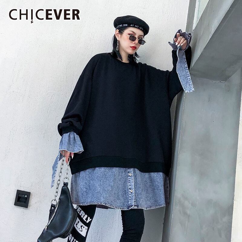 CHICEVERオーバーサイズスウェットシャツレディースOネック長袖パッチワークデニムヒットカラーストリートウェアスウェットシャツ2020 ロング 6base557578620615