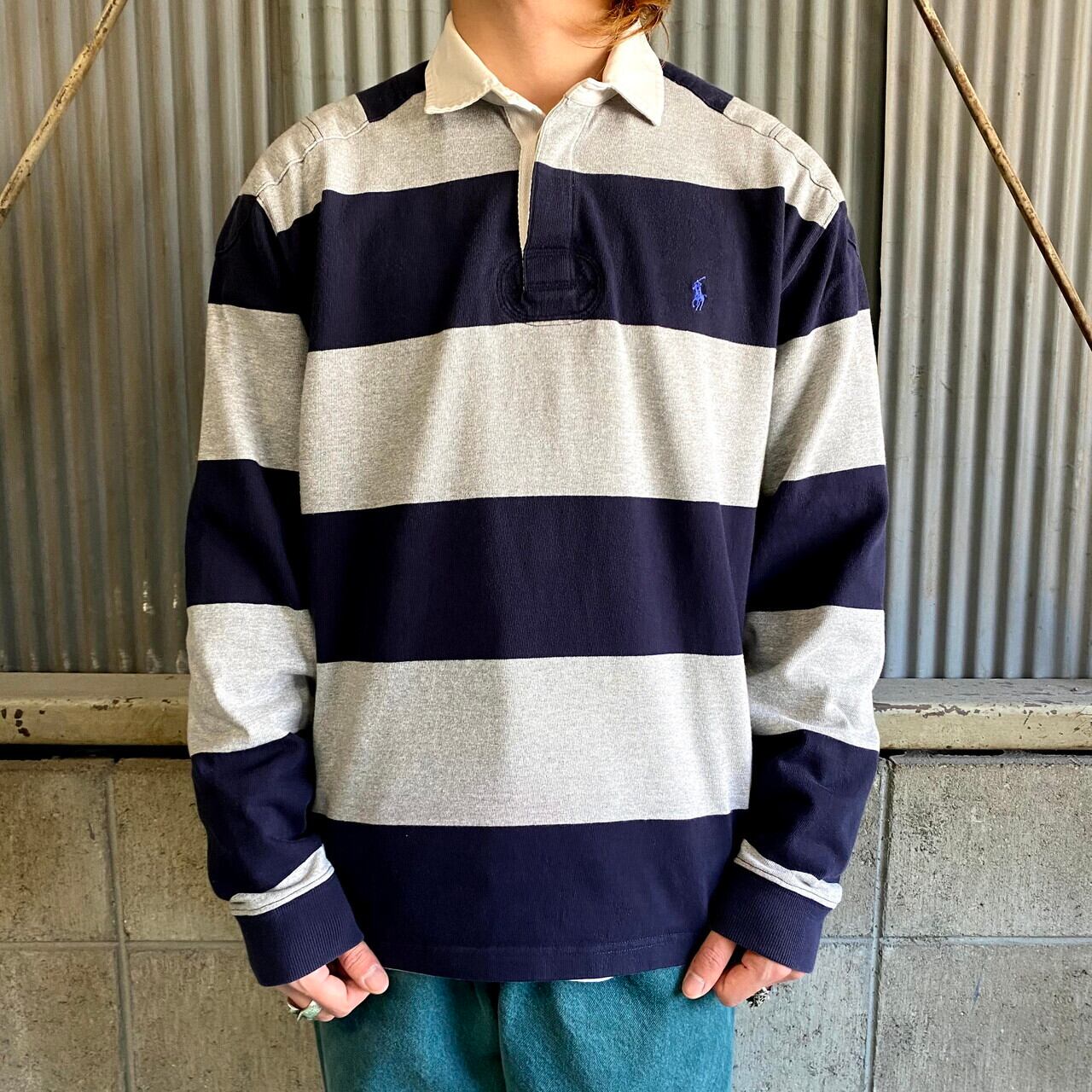 ポロバイラルフローレン ボーダー 長袖 ラガーシャツ メンズM 古着