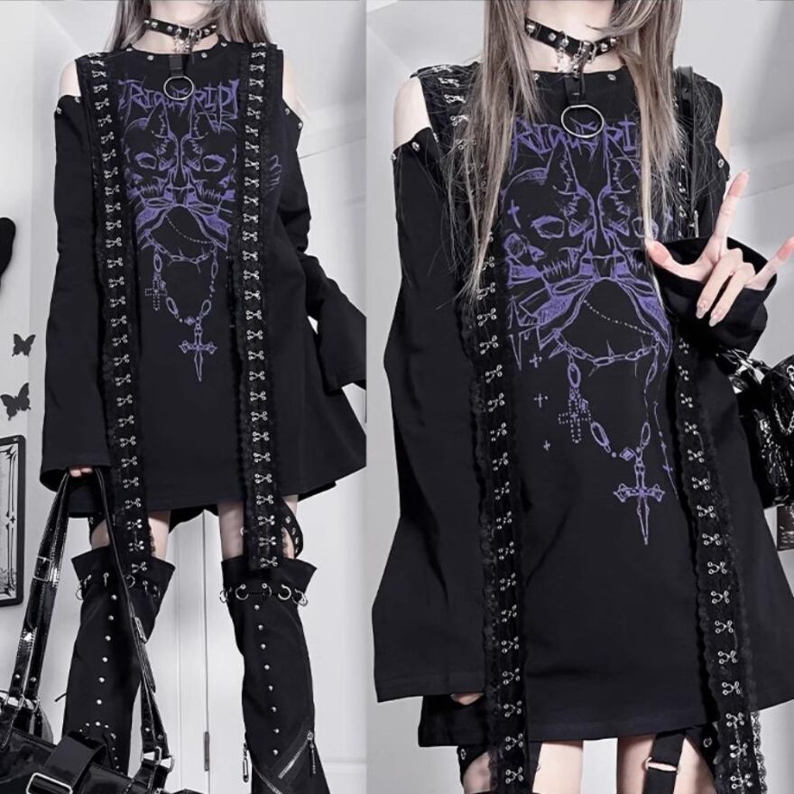 ゴスロリ通販 With U 地雷系ファッション 地雷服 Dead Body 長袖シャツ スォード sword ハート 十字架 ダークゴシック 病み可愛い