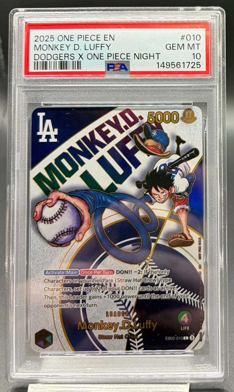 ドジャースルフィ psa10 EB02-010 横浜店 PSA10 モンキー・D・ルフィ(英語版/ドジャース)【L】{EB02-010