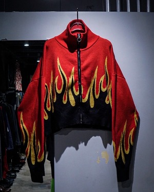 【add (C) vintage】Flame Design Short Length Zip Up Knit Jacket