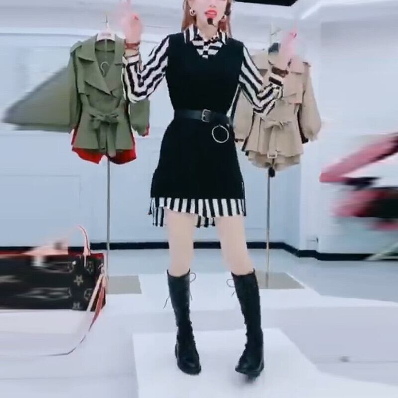 プラスサイズレディースウエストウエストスリムストライプスカート2020初秋新作ファットシスターmmベストツーピーススーツ ミックスインファッション32417021598