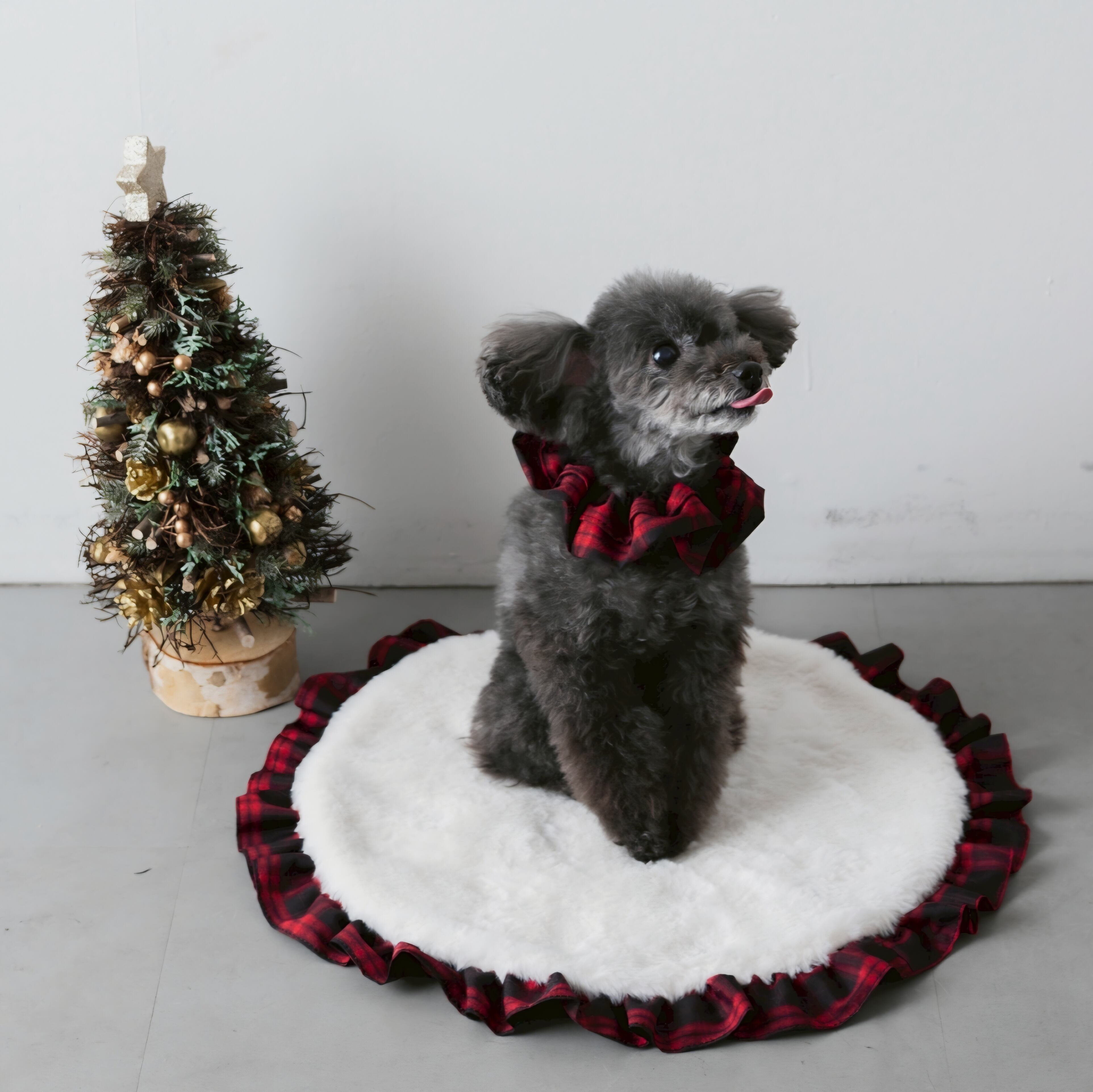 チェックファーリーフリルカフェマット レッド <HOLIDAY COLLECTION