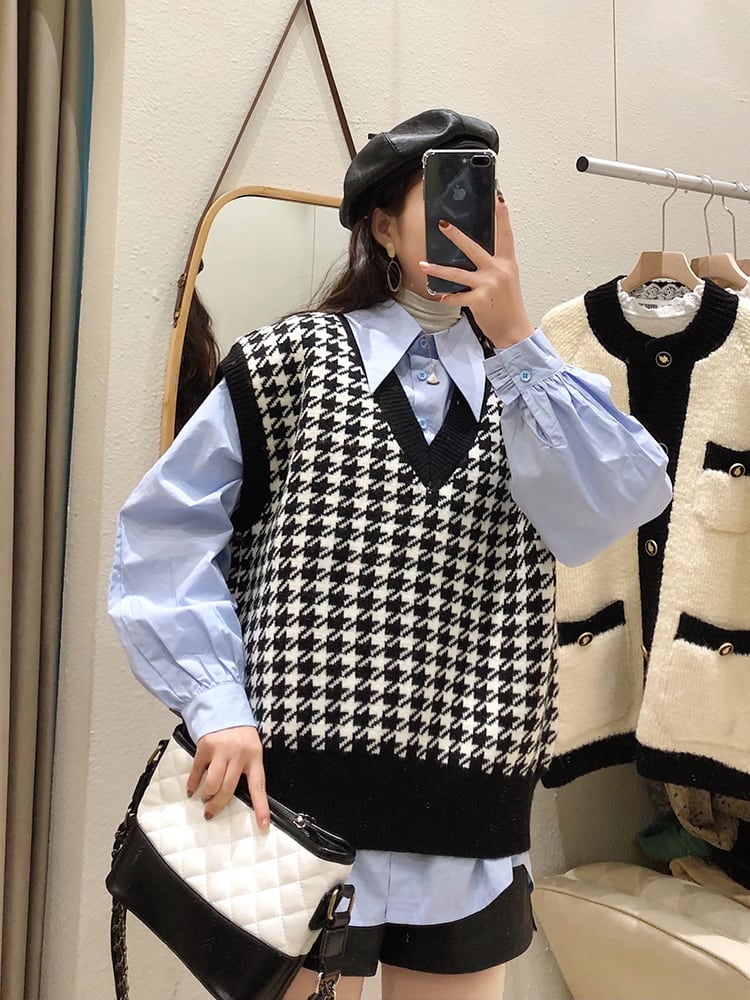 Vネック千鳥格子ニットベスト ニットベスト ベスト チェック柄 Vネック千鳥格子ニットベスト ニットベスト ベスト チェック柄