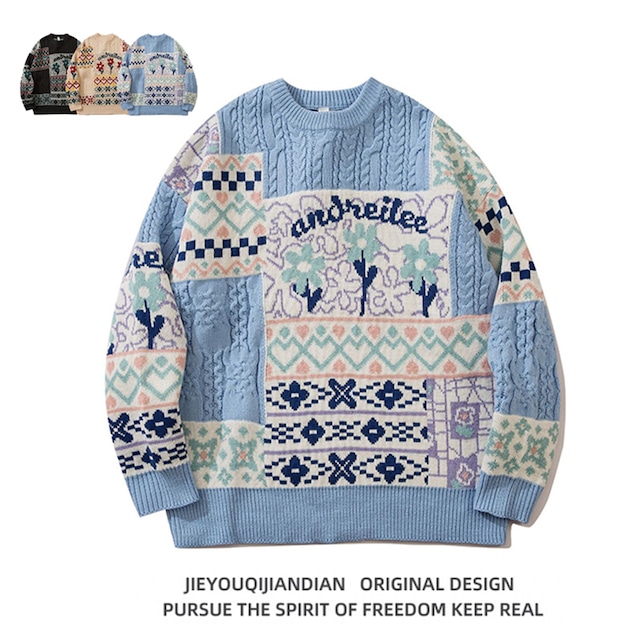 ♥エスニック風ニット!【YITAIシリーズ】★セーター★ ユニセックス 3color ニットトップス 花柄 文芸スタイル 配色