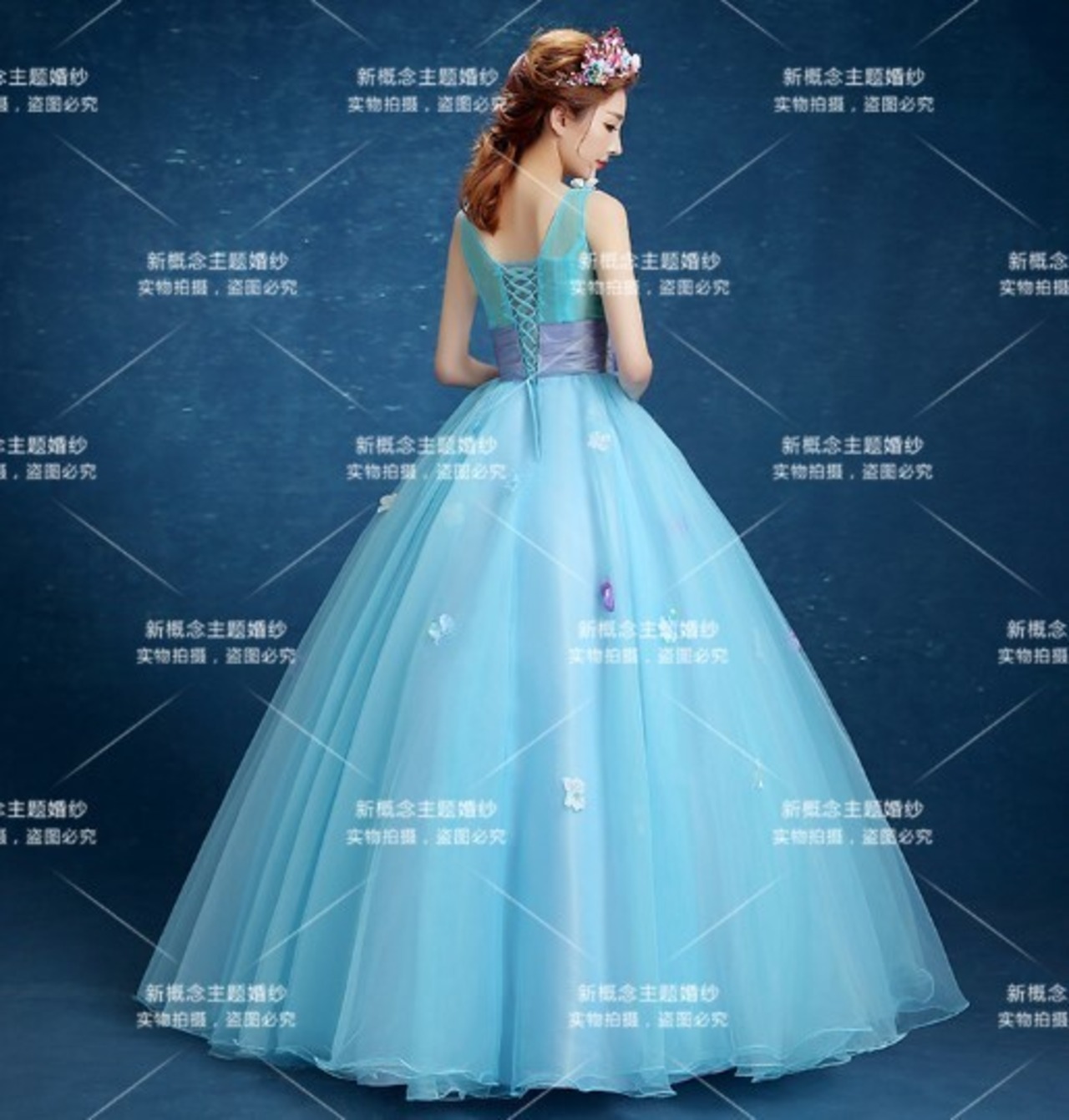 美品！ カラードレス 薄青 ロング 深Vネック 編み上げ ピアノ演奏会  