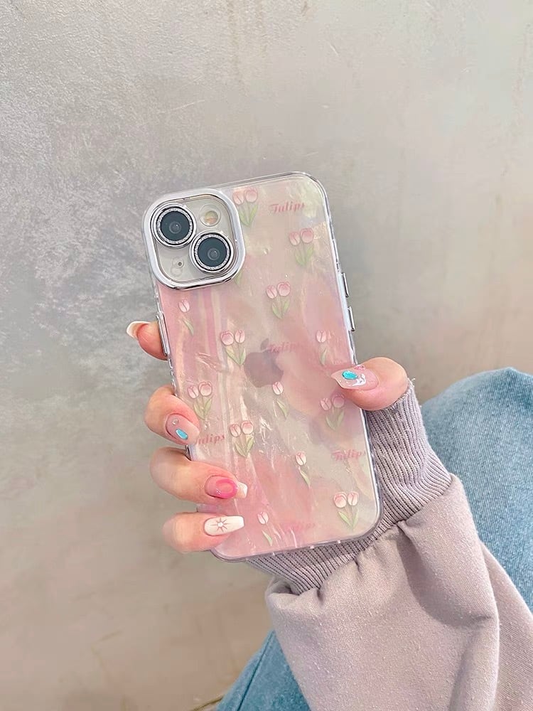 iPhoneケース iPhone15 iPhone14 シェル 花柄 チューリップ マーブル