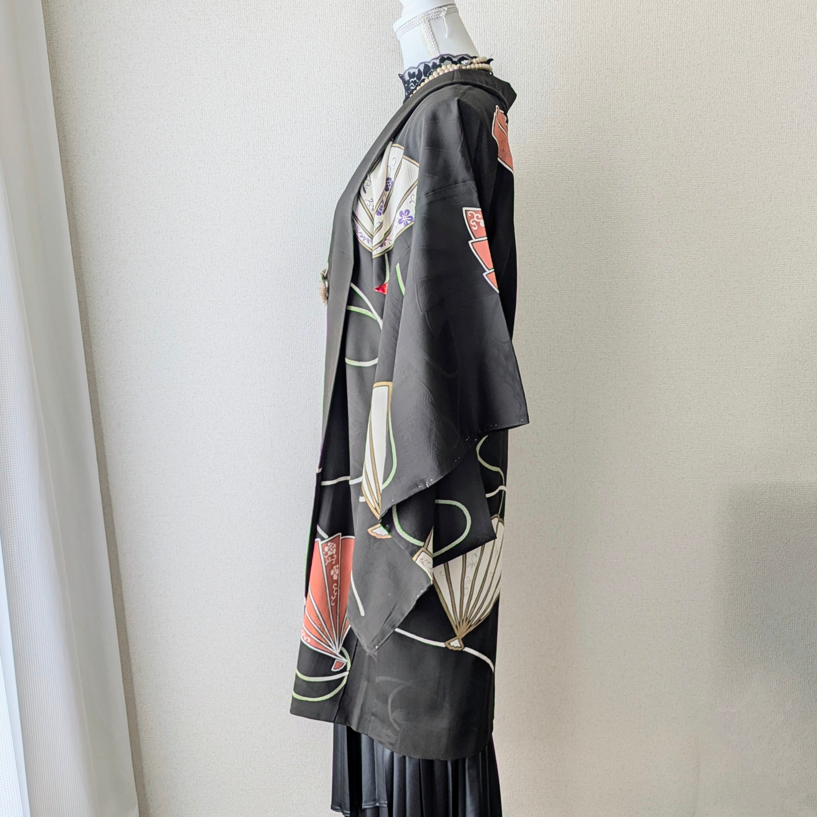 Antique】HAORI 長羽織 羽織 正絹 黒 絵羽織 舞扇柄 大正浪漫 古布