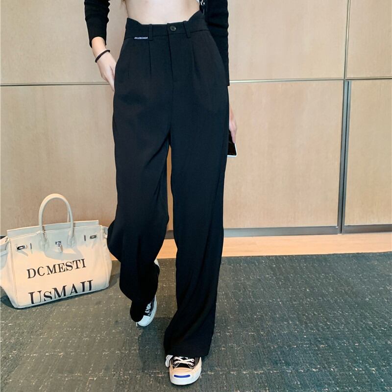 ルーズハイウェストウェスト薄手ブラックパンツ スプリングオータム 春物 秋物 ブラックストロベリース39463742848