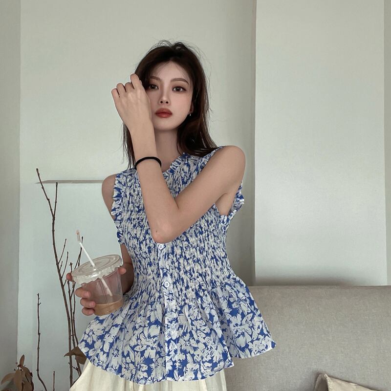 スタンダードフローラルスリーブシャツ サマー薄手ショートラッフル半袖トップス レトロ ハーフスリーブ 夏物 ノースリーブ 花柄 ブラックストロベリース50237302453