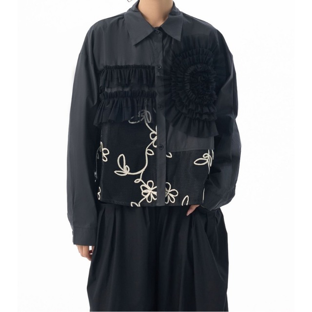 フリル付き 花柄 長袖 クロップド シャツ 2color BL0553