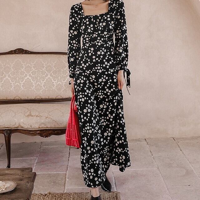 レトロ小花柄ワンピース ワンピース 長袖 スクエアネック ワンピース リゾートマキシワンピース ロングワンピース 長袖 花柄のワンピース 長袖 マキシワンピース 大人可愛い 大人ガーリー 代 30代 40代 P6349 Kirari きらり
