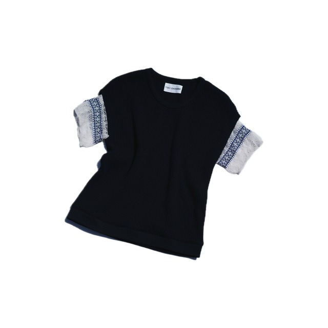 【YUKI SHIMANE】Docking sleeves Waffle top (Black) 〔summer item〕