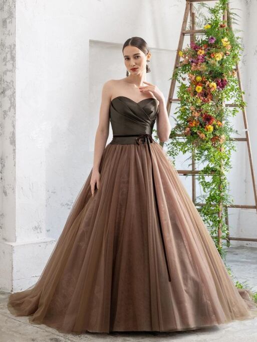 高品質！ ドレス コーヒーの色 上質オーガンジー Aライン ロング ベア  
