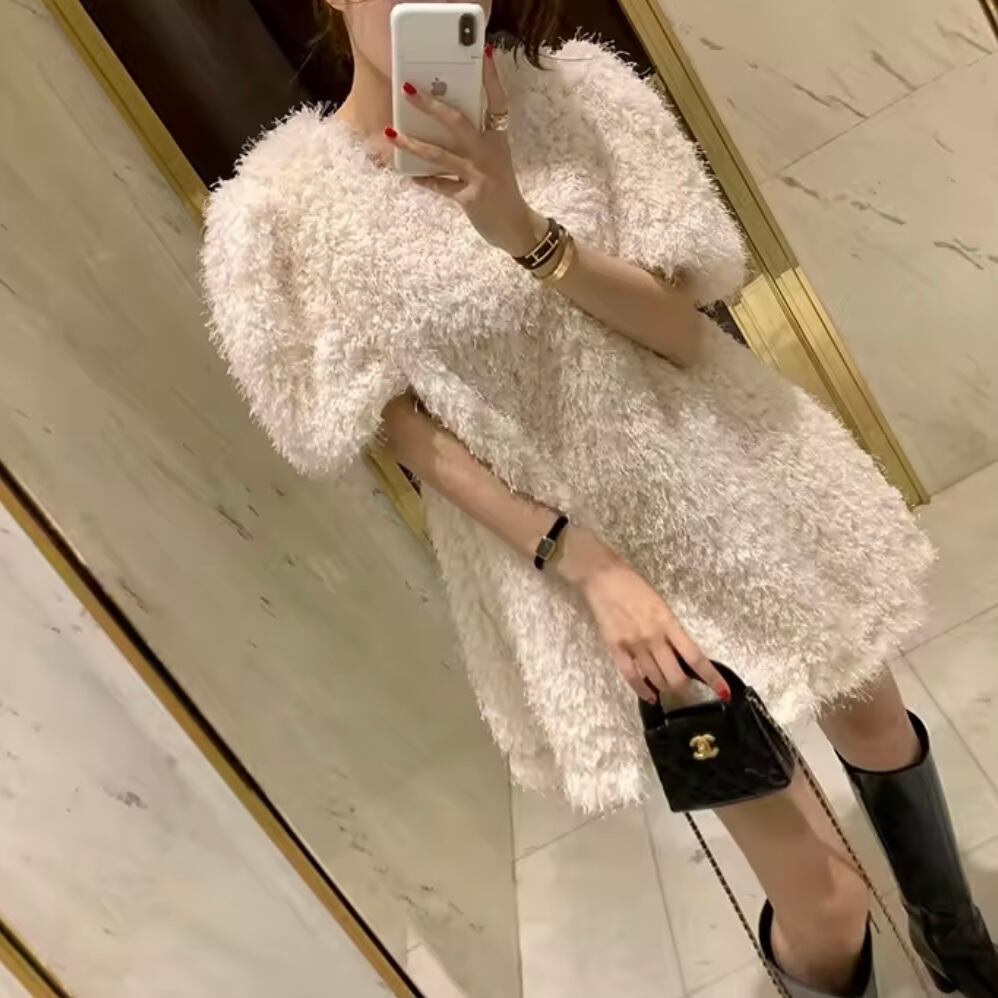 fluffy short sleeve mini dress