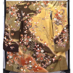 着物・振袖・花車・オシドリ・茶系地・襦袢付・No.200701-2165・梱包サイズ80