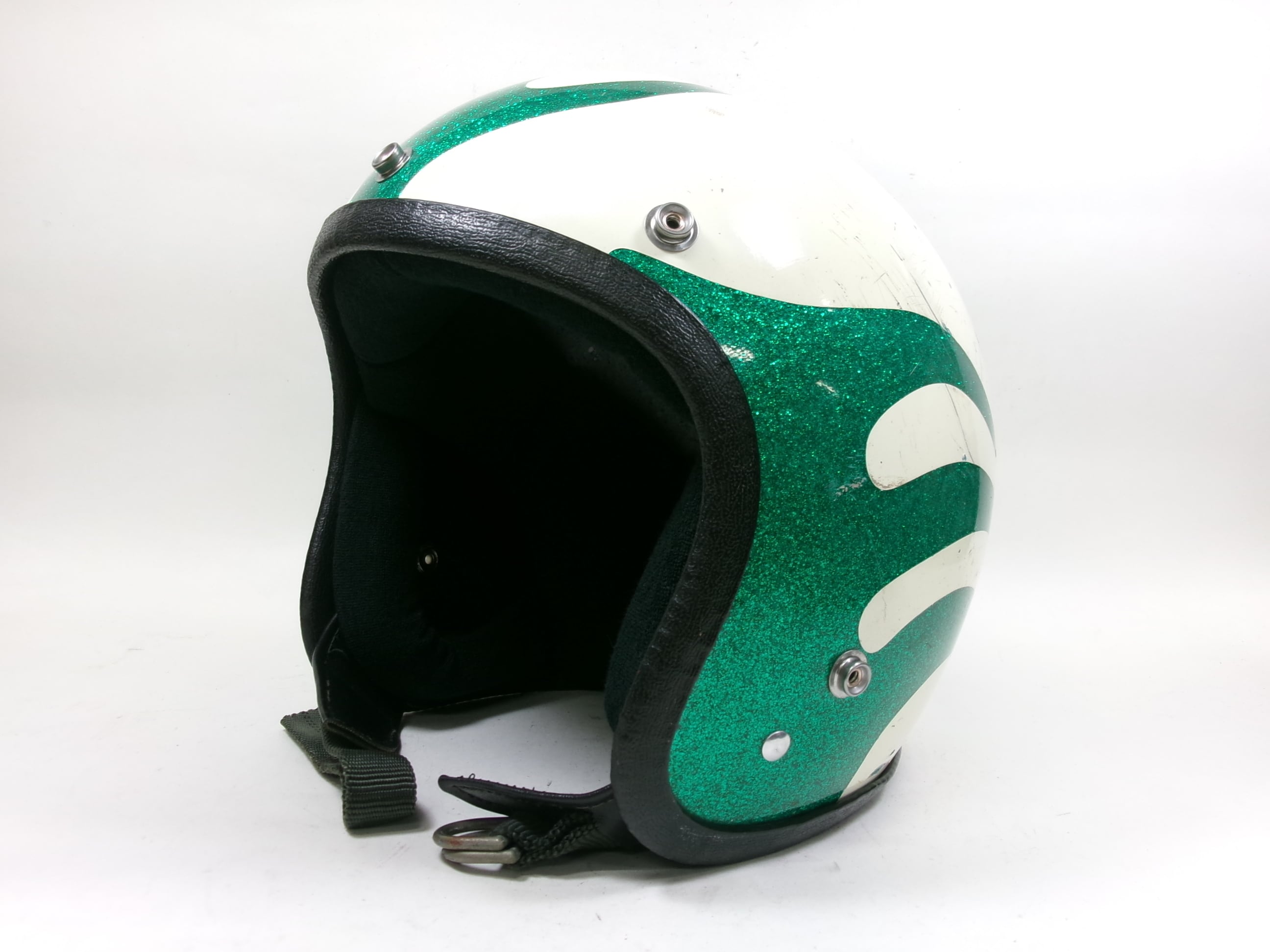 70s SAFETECH ジェットヘルメット 目深加工済み M 白x緑 フレイムス 