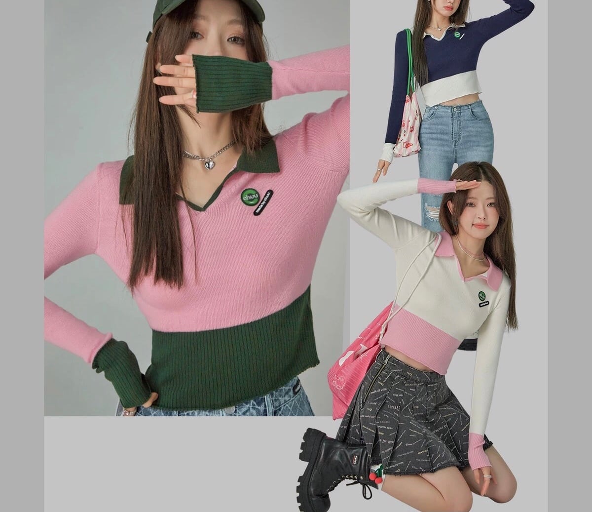 トップ 緑 ピンク ニット トップス カジュアル ピンク オフ