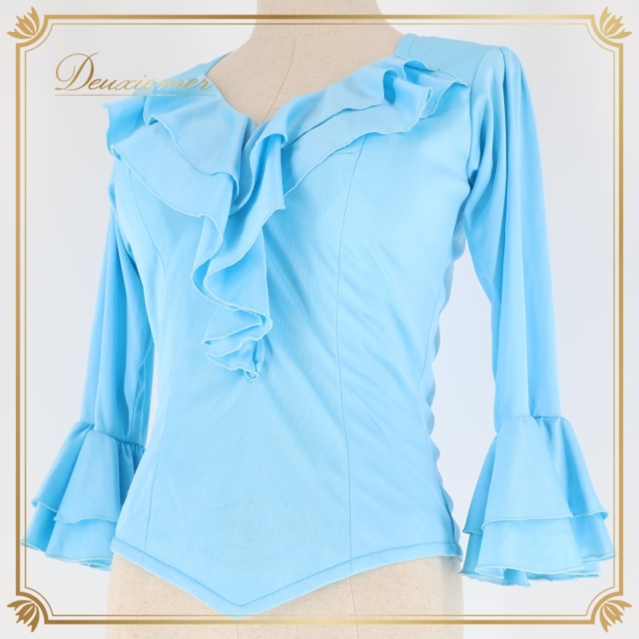 フラメンコ 衣装 トップス ブラウス 水色 無地 フリル ダンス パーティ 発表会 レッスン 練習着 ブルー系 スカイブルー 大人用 レディース 踊り用 おしゃれ お出かけ フォーマル コスチューム