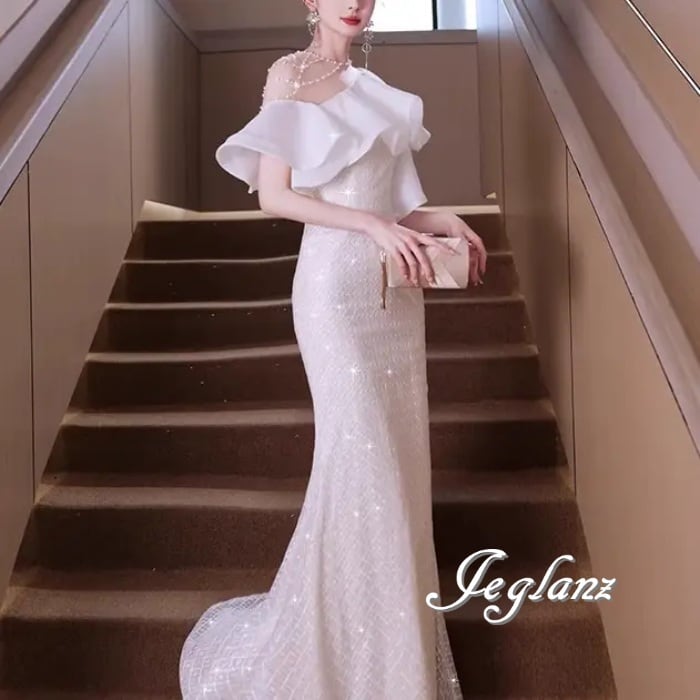 パーティ イブニングドレス ワンショル フリル マーメイド 光沢感 (MA445)ζ