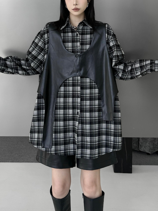 PU layered checked overshirt [T2703]