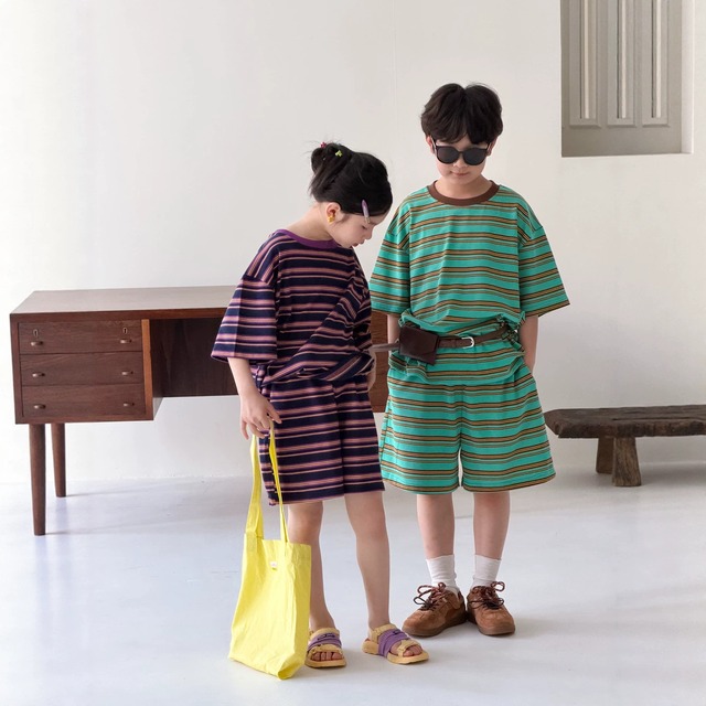 【セット】ストライプ半袖Tシャツハーフパンツセットアップ - 4