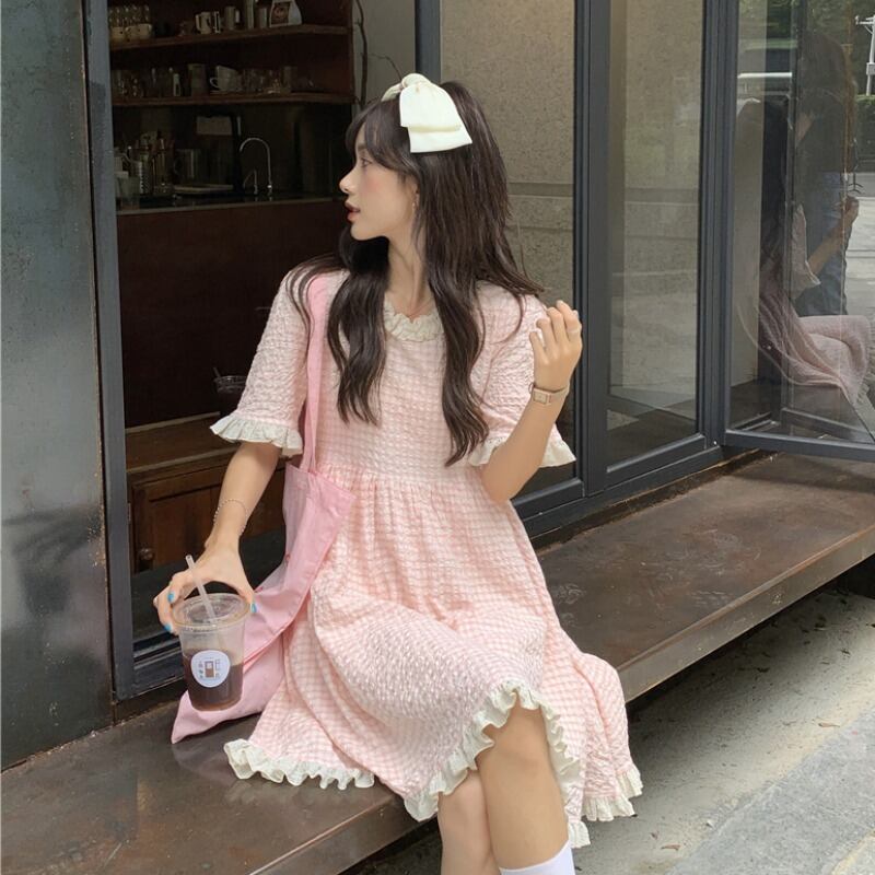 スカート サマーウェストスタイルカラードレス スタンダード格子柄 ピンク レトロ 夏物 萌量不足42012135027