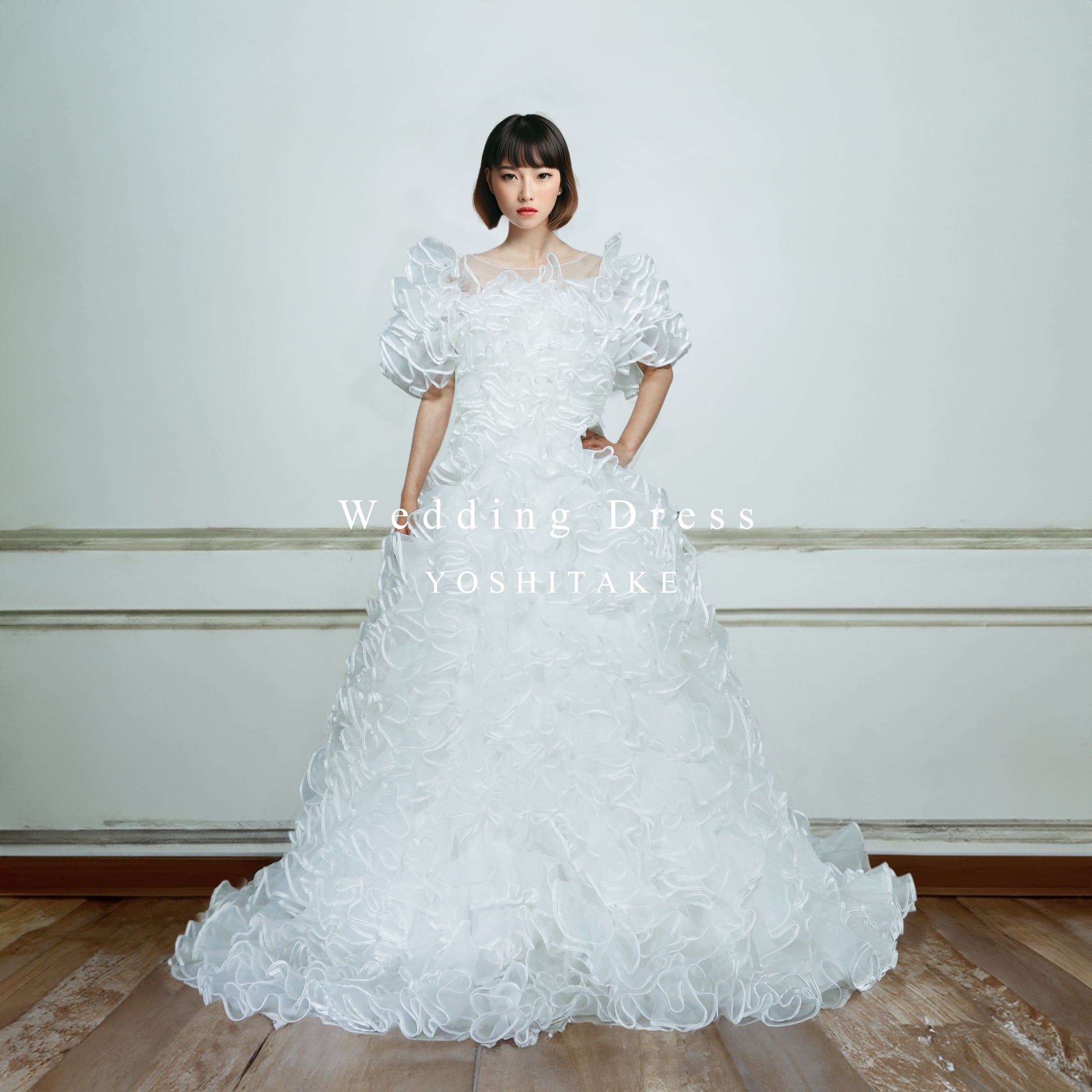 【オーダー制作】ウエディングドレス(無料パニエ) ウエディングドレス.白.フリル.Aライン.パフスリーブ.結婚式 ※制作期間4週間から8週間 Y2715