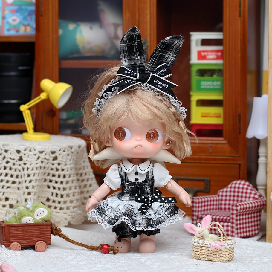 GW値下げ BABY プードルファーのうさみみワンピース※商品欄要確認 Zsiga＆1/8人形用 おしゃれ チェック柄 ロンパースワンピース+うさ耳