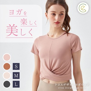ヨガウェア トップス へそ出し レディース 半袖 トップス ウエスト 細見え クロスデザイン スポーツ フィットネス ホットヨガ ピラティス ストレッチ ダンス エアロビクス 運動着 吸水 速乾 薄手 クロップド丈 セットインスリーブ シンプル 無地 おしゃれ かわいい 韓国