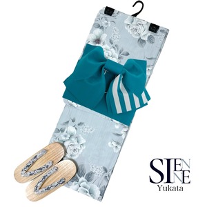 浴衣ジェンヌ 浴衣3点セットアイスブルー くすみブルー 水彩画調 結び帯 作り帯 ゆかた 浴衣セット