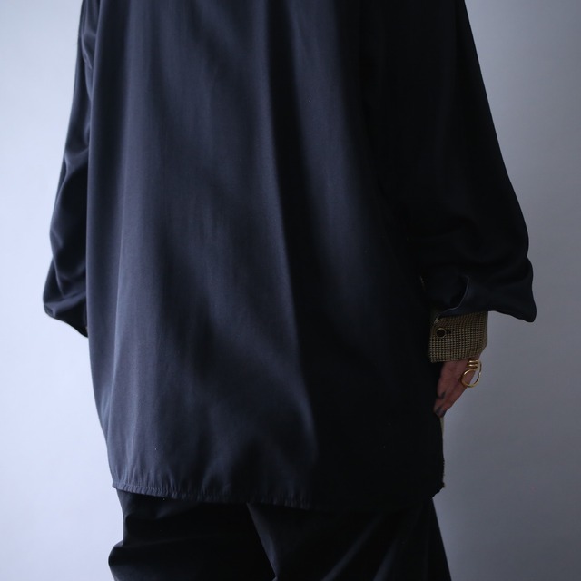"刺繍" switching pattern fry-front band collar minimal mode shirt