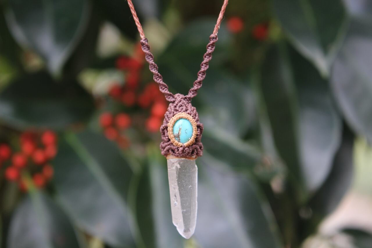 Lemurian Seed Crystal  & Turquoise micro macrame pendant