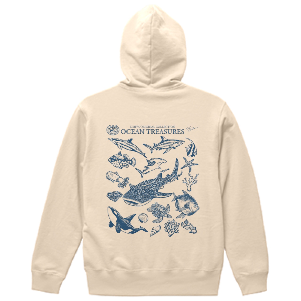 海洋生物ヴィンテージ風フルジップパーカー｜OCEAN TREASURES／Model-01（ナチュラル）