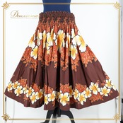 【フラダンス衣装】ブラウン パウスカート 茶 白 オレンジ ハイビスカス柄 花柄 ホワイト シングル ハワイアン かわいい ゴム