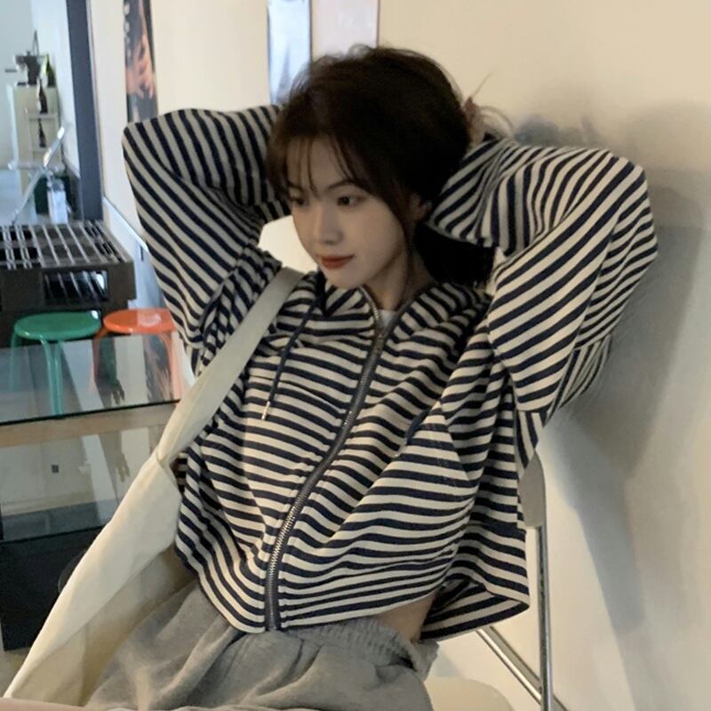 ストライプセーター コート スプリングオータムルーズフード 春物 秋物 試着室47317102562