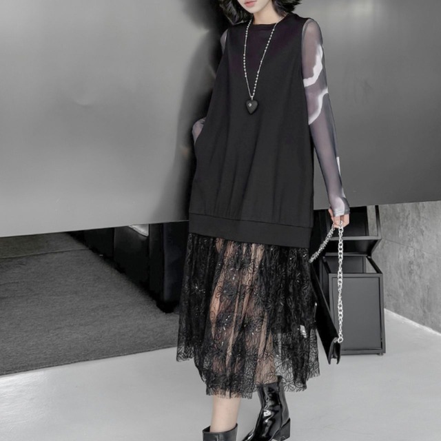 Tie-dye see-through top and midi dress C0961