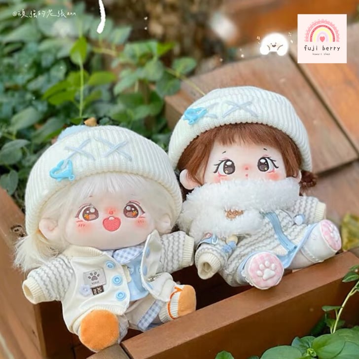 20cmぬい服】ブルー×ホワイトのぬくもりコーデ 20cm着せ替えぬいぐるみ用お洋服 無属性ぬい服 秋冬 fuji berry ぬい服通販 ブルーホワイト服