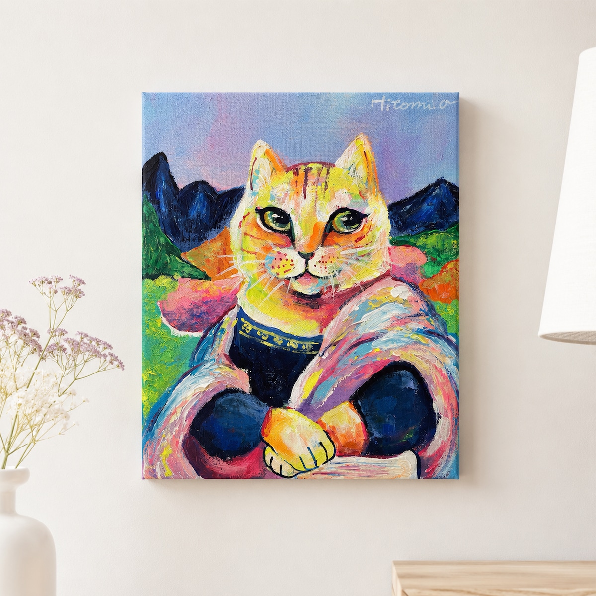 A-126/26】原画 絵画 モナリザ風猫 カラフル 27.3×22cmキャンバス 真作