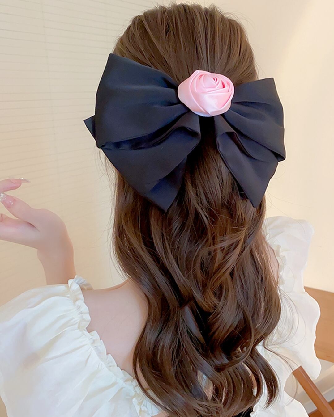 ダブルリボンのバレッタ ブラック×オフホワイト＊キラキラパール