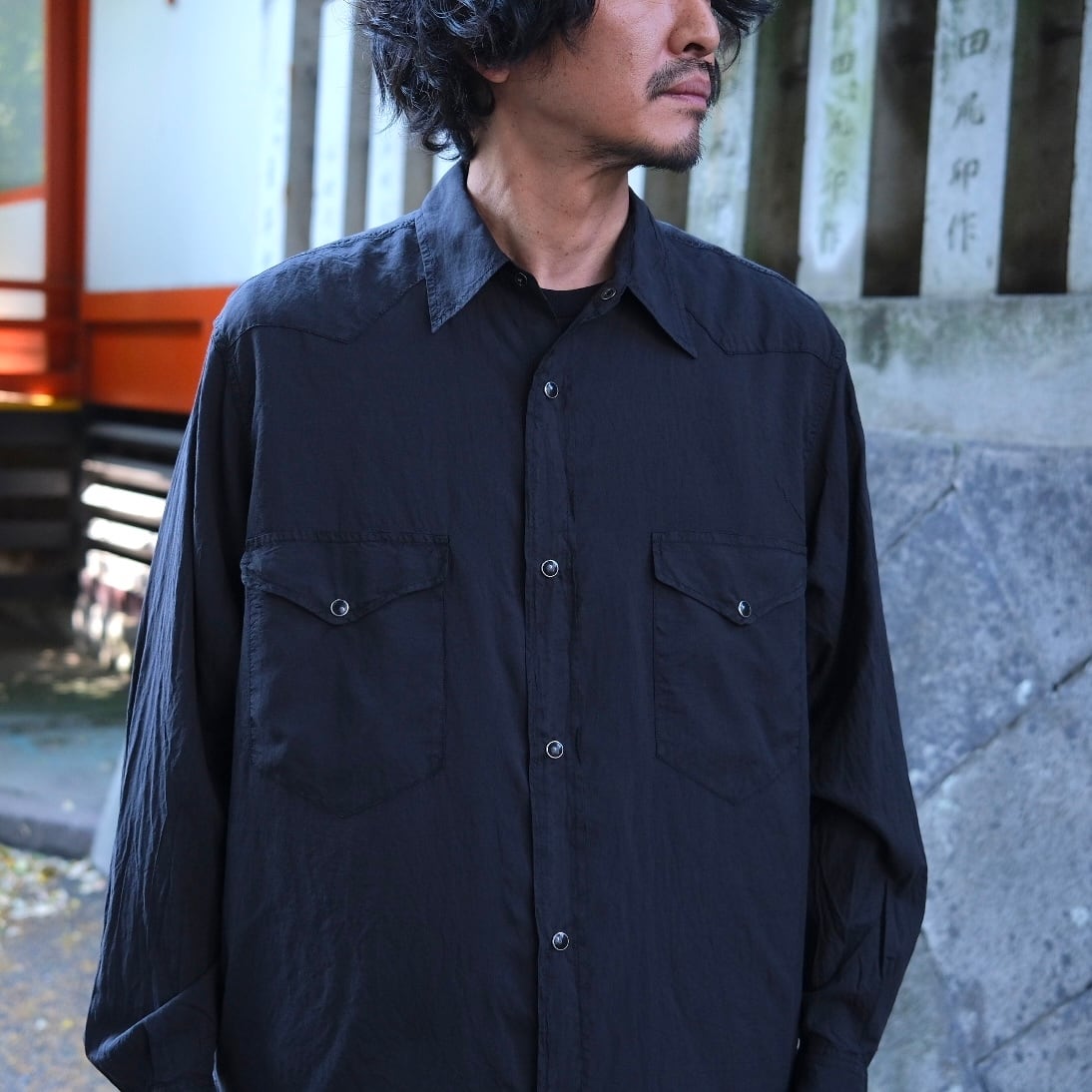 COMOLI(コモリ) /シルク製品染ウエスタンシャツ-BLACK-(D01-02006) | Signs