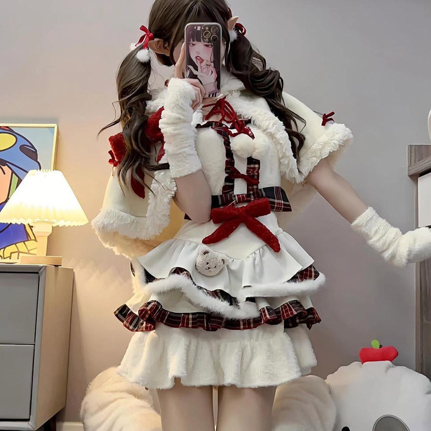 イベントコスチューム 3点セット ケープ スリーブカバー ホワイトノエル サンタ衣装 レディースサンタ