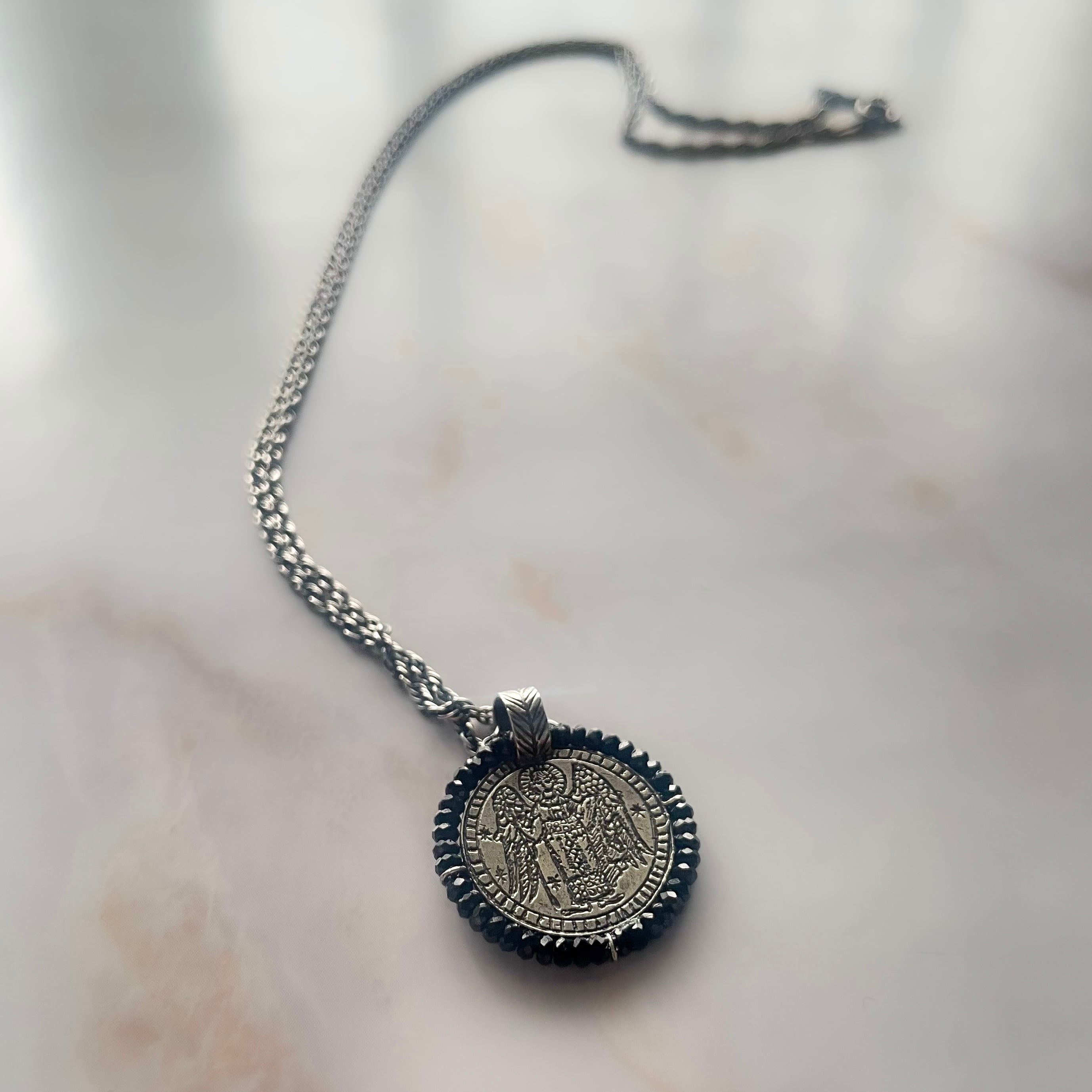 SV925 Etched Pendant -Archangel Michael(with Black Spinel) / シルバー製 エッチングペンダント・大天使ミカエル(ブラックスピネル付き)