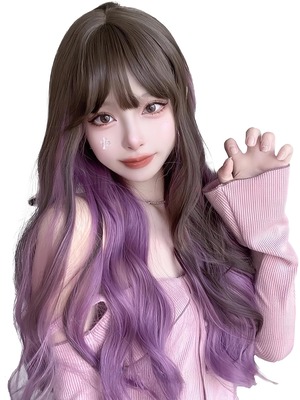 【新着特価】Limakaraウィッグ ロング 巻き髪 インナーカラー レディース 女装 ウェーブ ギャル 軽量 カール 自然 可愛い ロリータ ぱっつん カツラ フルウィッグ ブラウン 耐熱 小顔 wig 原宿 コスプレ ネット/櫛付き ブラウンパープル