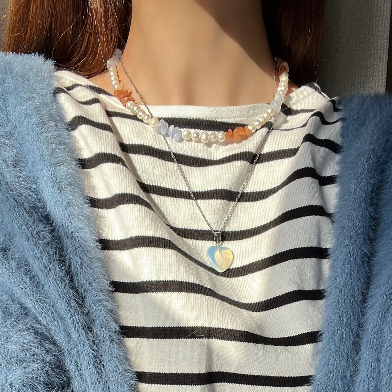 [ブルーレースアゲート × レッドアベンチュリン] 淡水パールネックレス［SSN032］